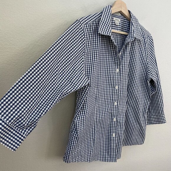 LL Bean Womens Medium Wrinkle Free Navy White Gingham Check Button Up Shirt Top - Picture 7 of 8